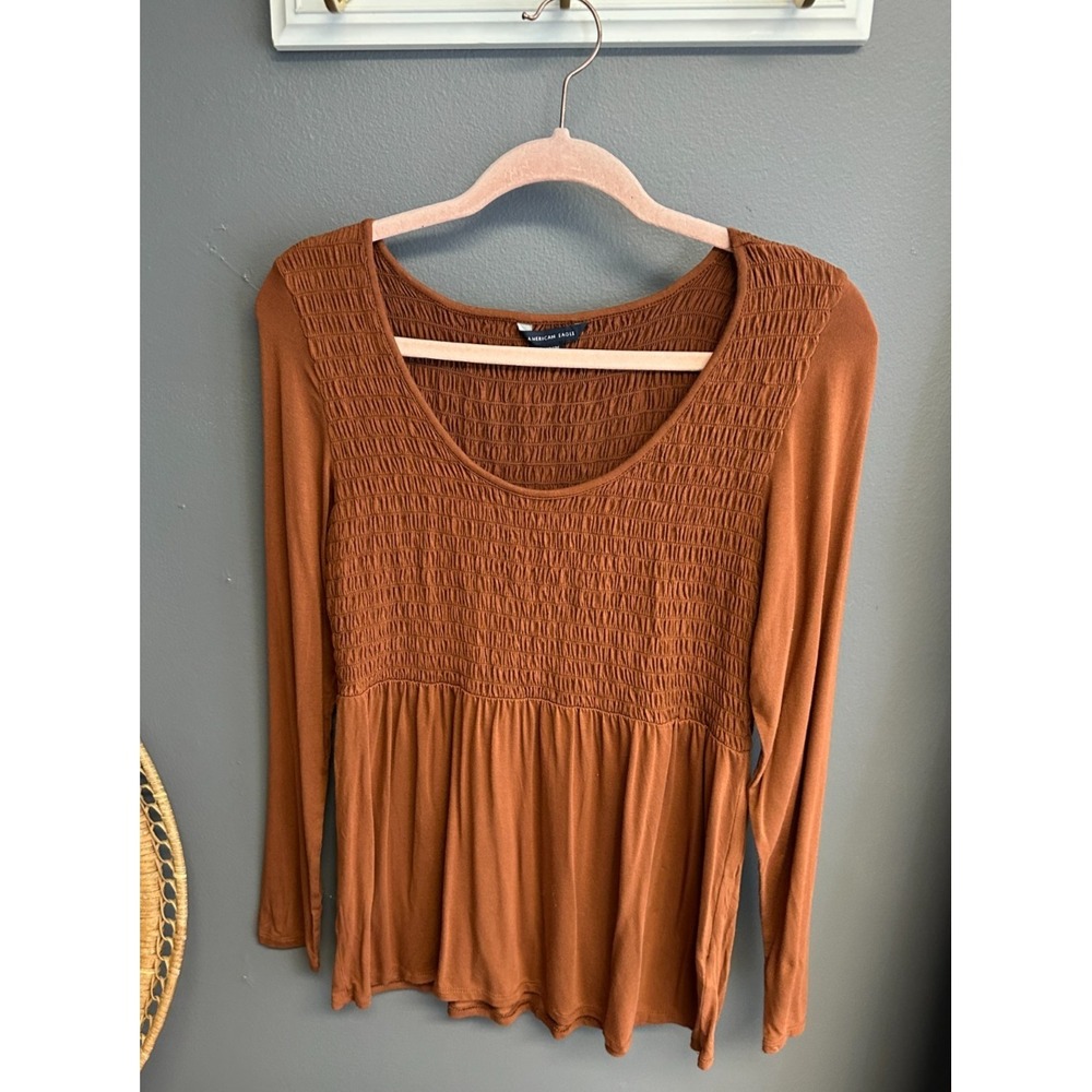 American Eagle Womens M‎ Top Smocked Brown Long Sleeve Peasant Boho Tunic